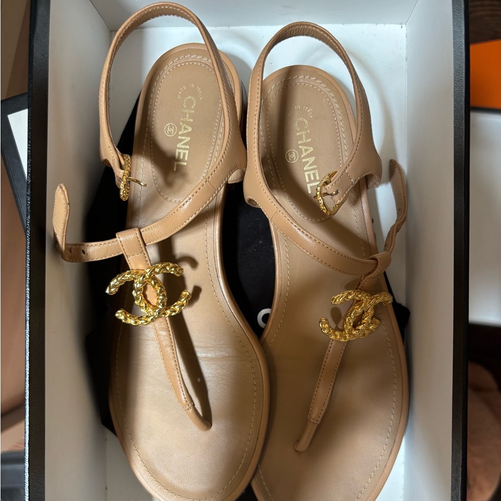 Chanel Tan Gold T-Strap Sandals